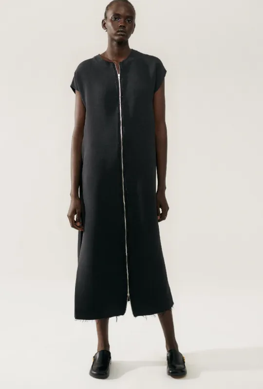 SILK WOOL LONG LOOSE DRESS CHARCOAL sold by Silk Laundry