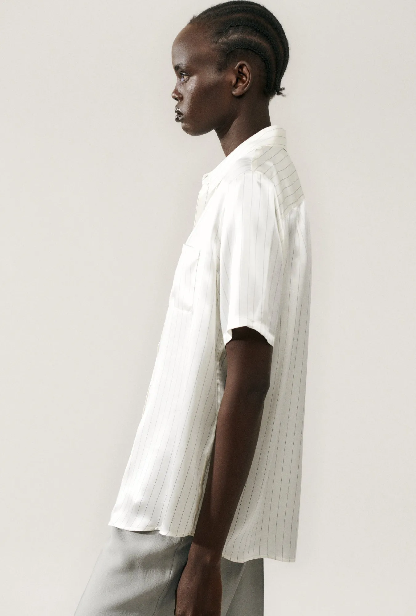 SHORT SLEEVE BOYFRIEND SHIRT WHITE PINSTRIPE sold by Silk Laundry product image thumbnail 3