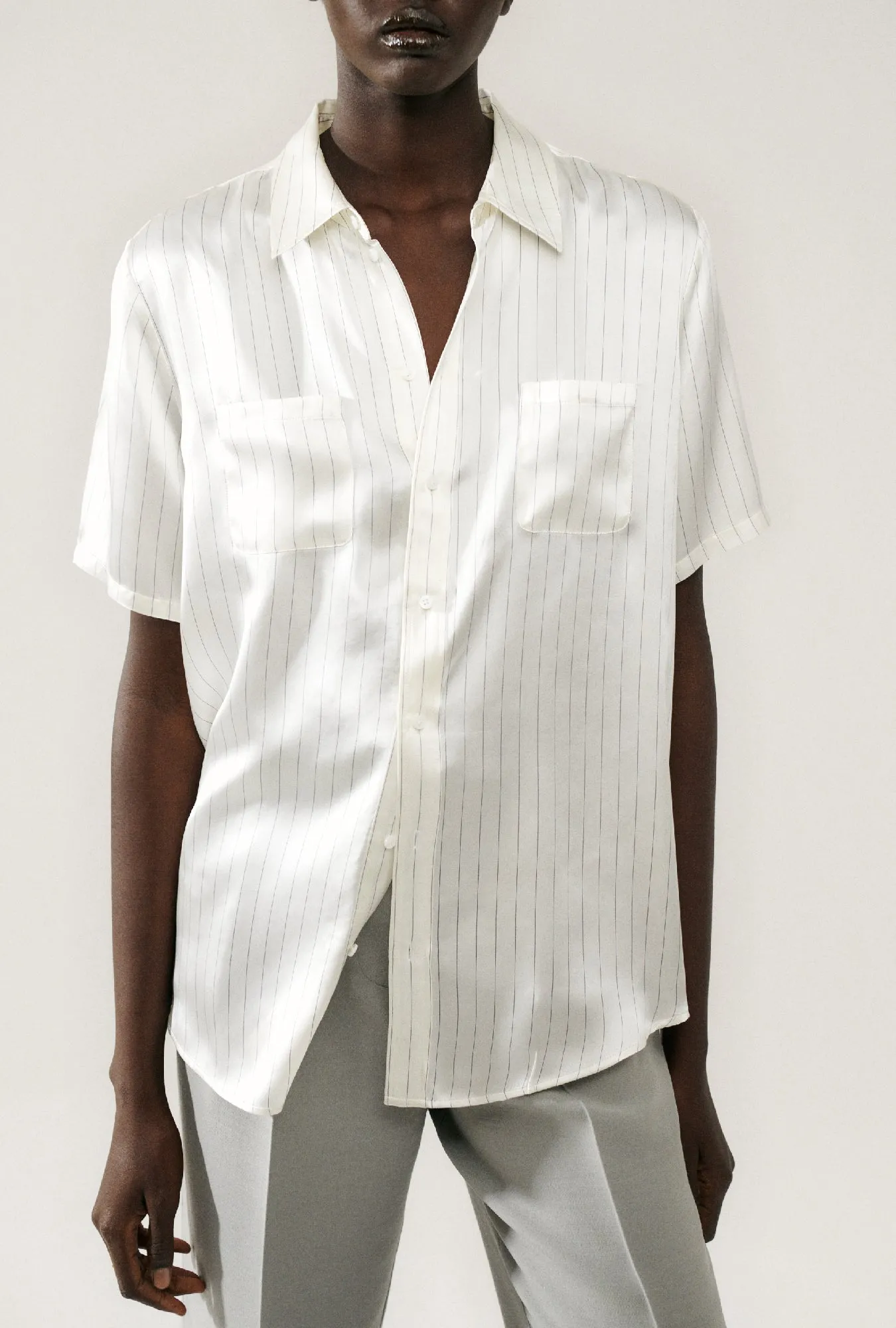 SHORT SLEEVE BOYFRIEND SHIRT WHITE PINSTRIPE sold by Silk Laundry