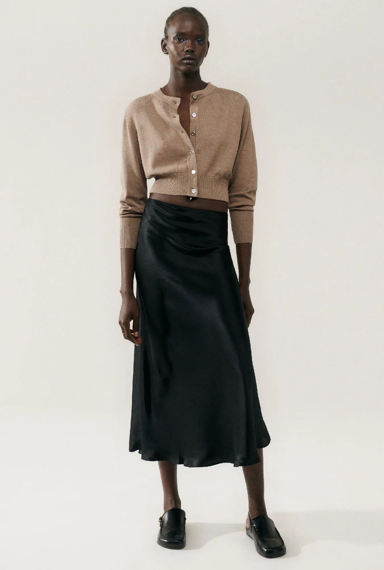 LONG BIAS CUT SKIRT BLACK SATIN sold by Silk Laundry