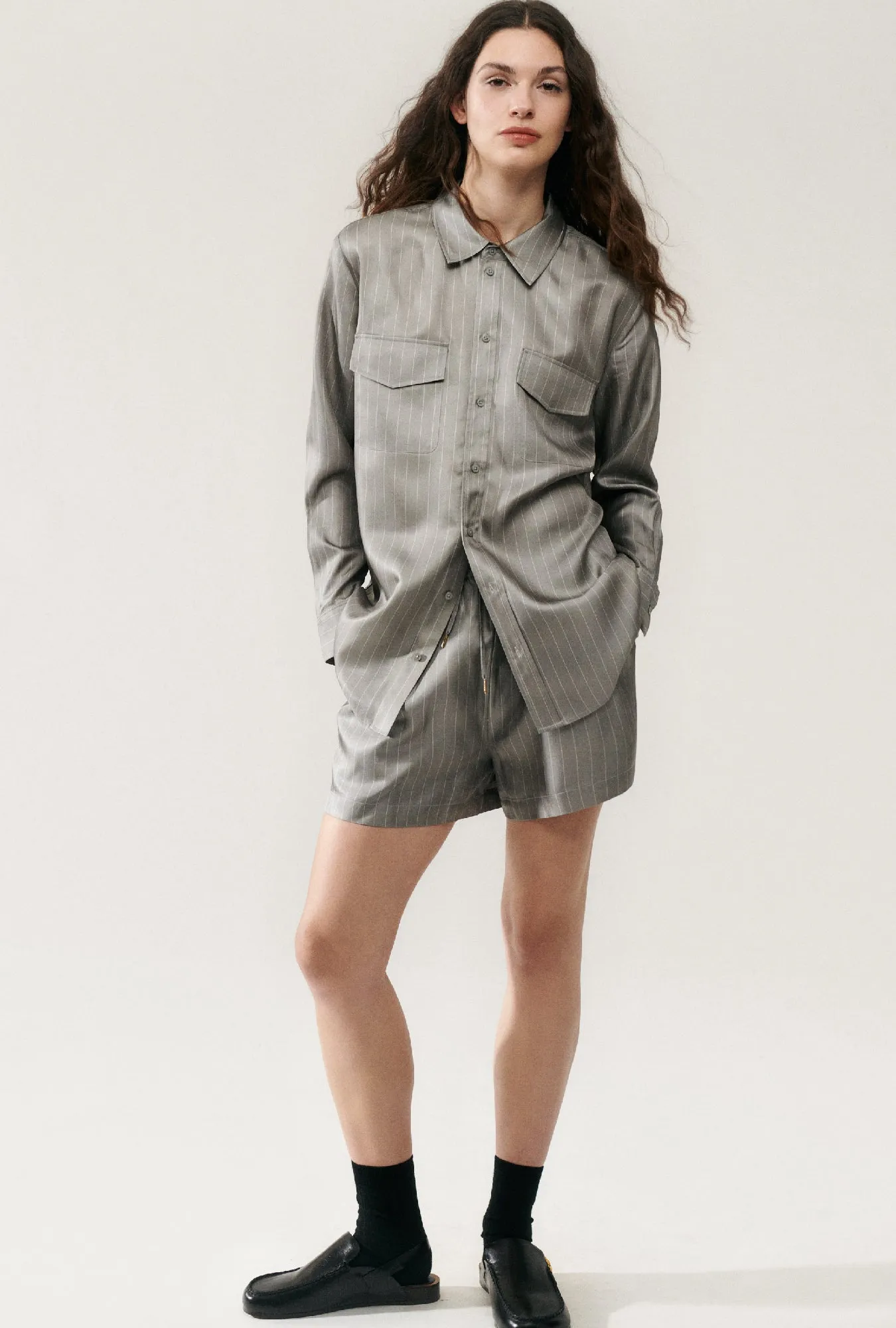 Twill Slouch Shorts Moon Pinstripe sold by Silk Laundry