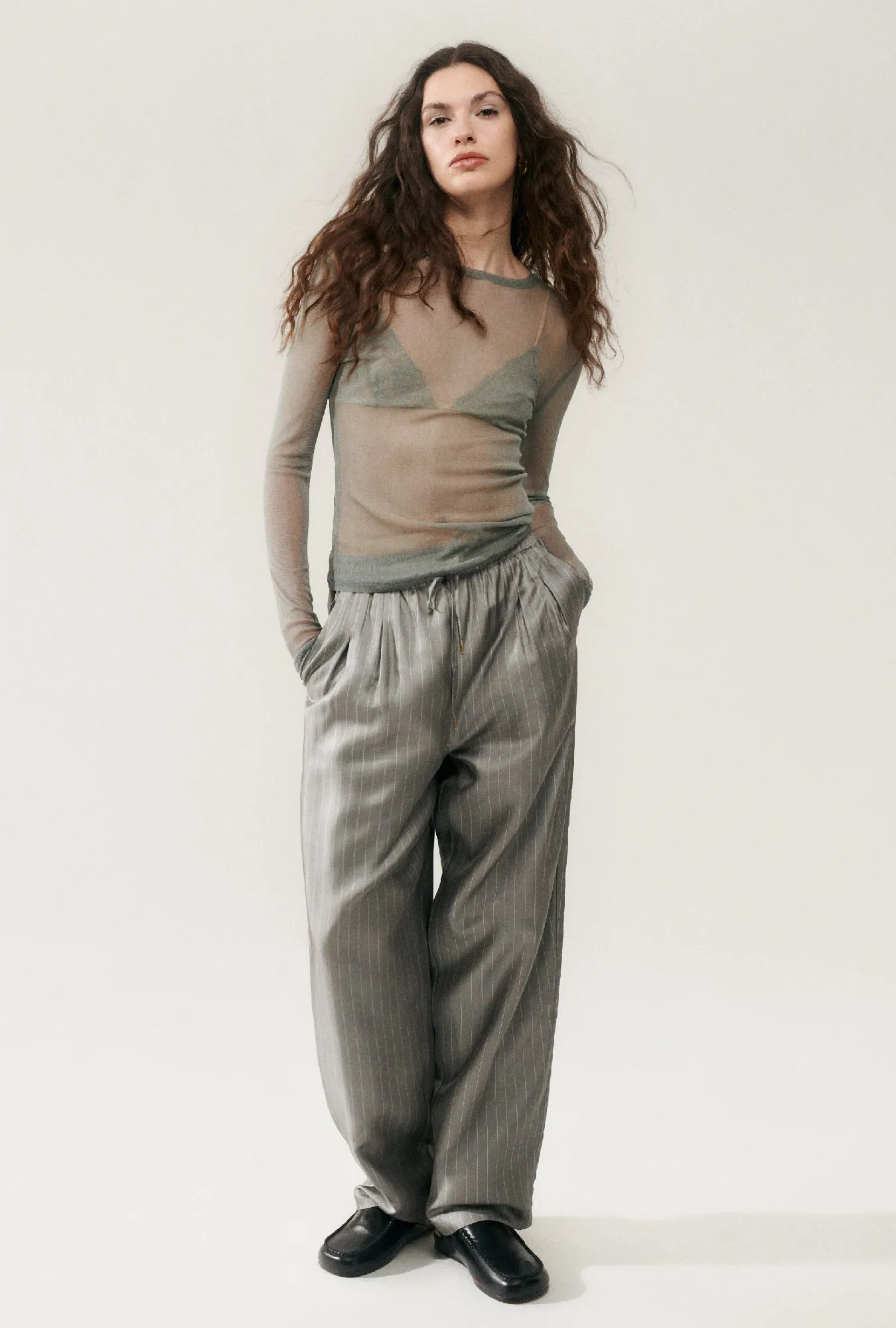 TWILL SLOUCH PANTS MOON PINSTRIPE sold by Silk Laundry