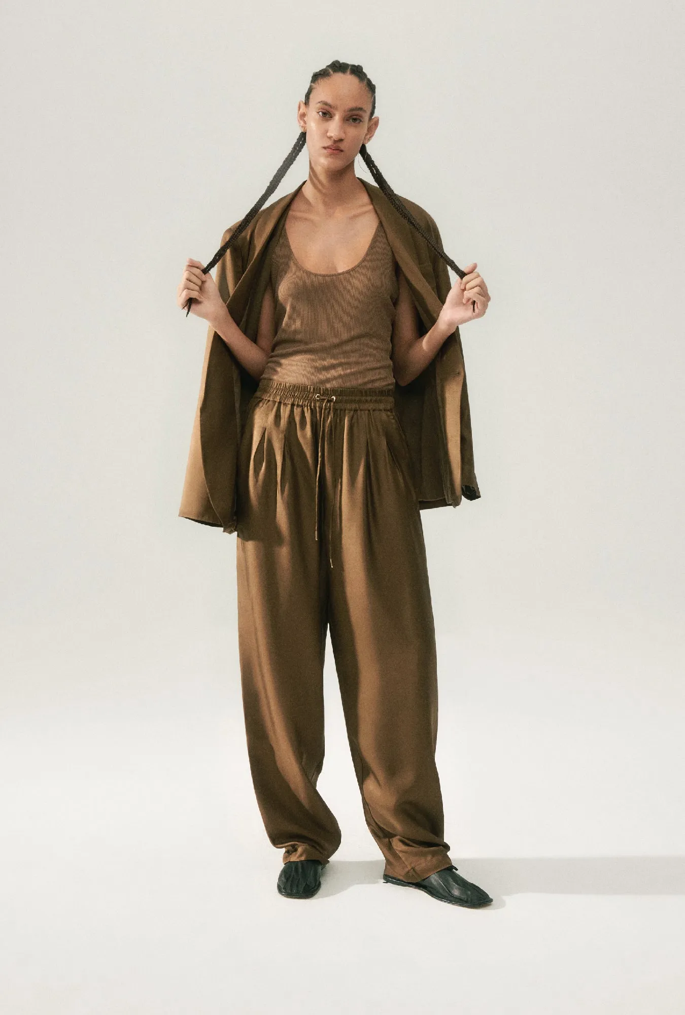 TWILL SLOUCH PANTS DARK EARTH sold by Silk Laundry