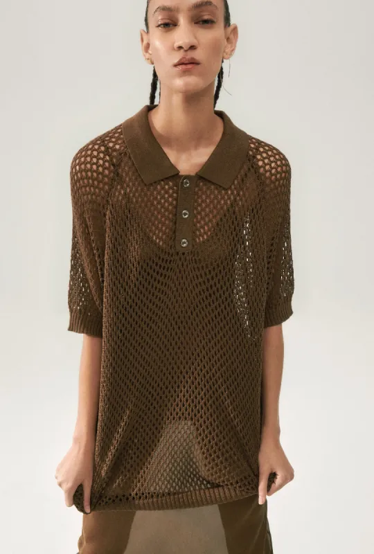 CROCHET RAGLAN POLO DARK EARTH sold by Silk Laundry