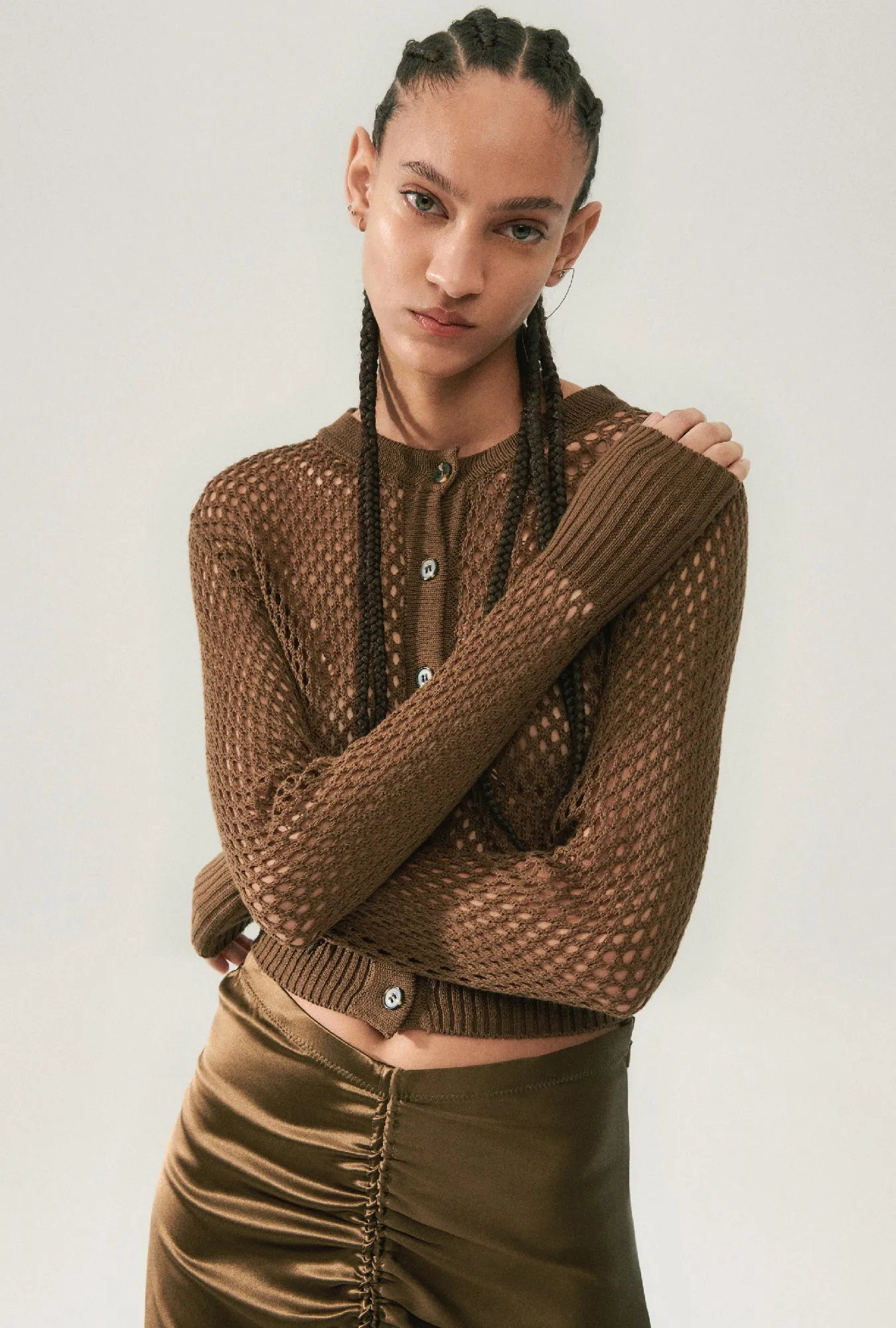 CROCHET CROPPED CARDIGAN DARK EARTH sold by Silk Laundry product image thumbnail 5