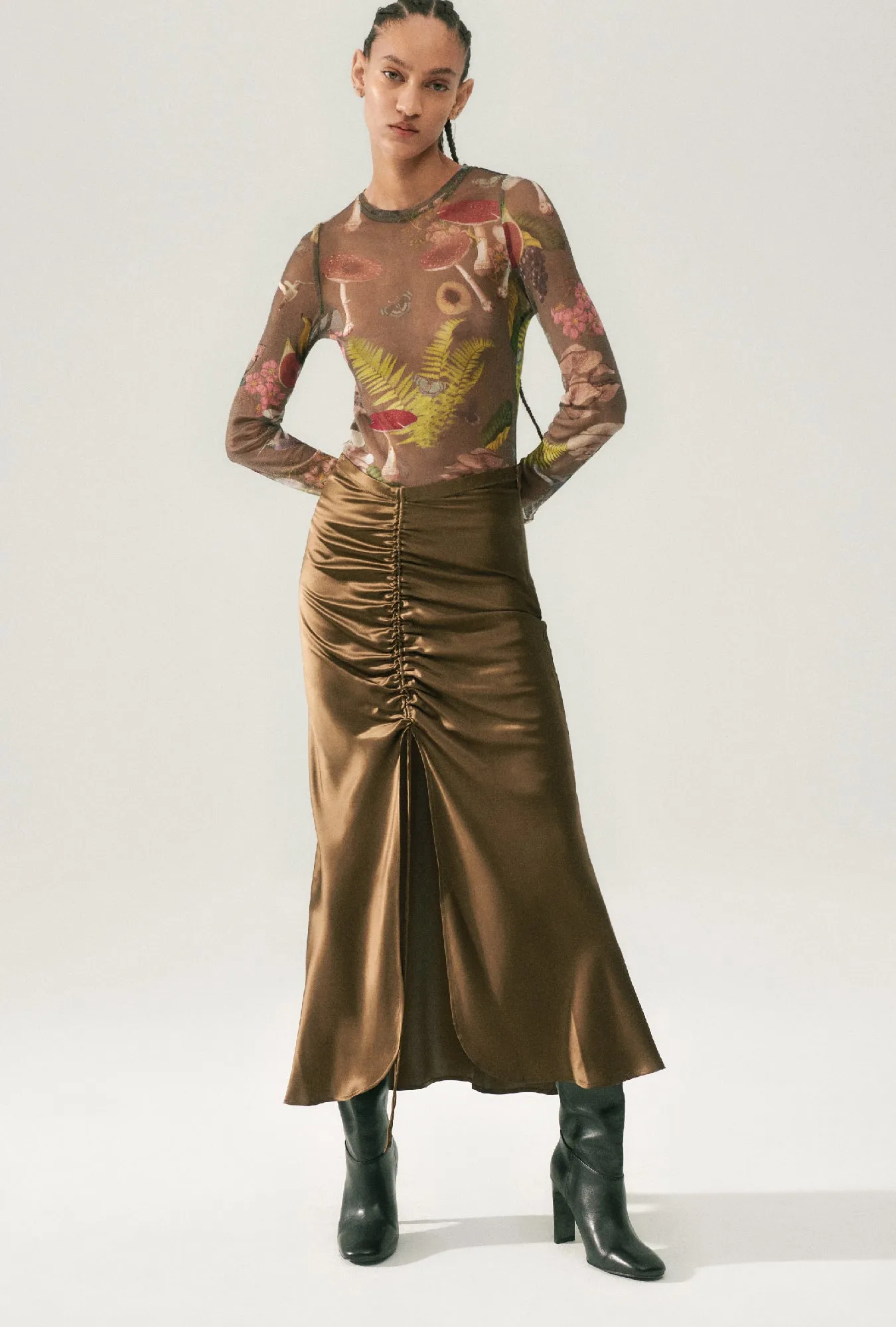 SLIT LONG BIAS SKIRT DARK EARTH sold by Silk Laundry