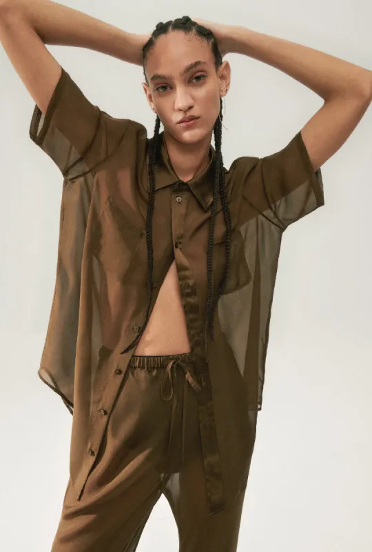 CHIFFON SHORT SLEEVE BOYFRIEND SHIRT DARK EARTH sold by Silk Laundry