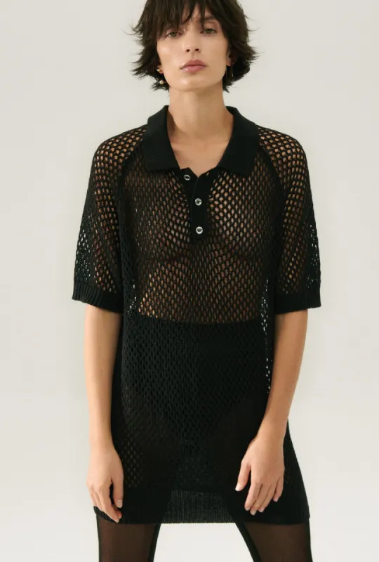 CROCHET RAGLAN POLO BLACK sold by Silk Laundry