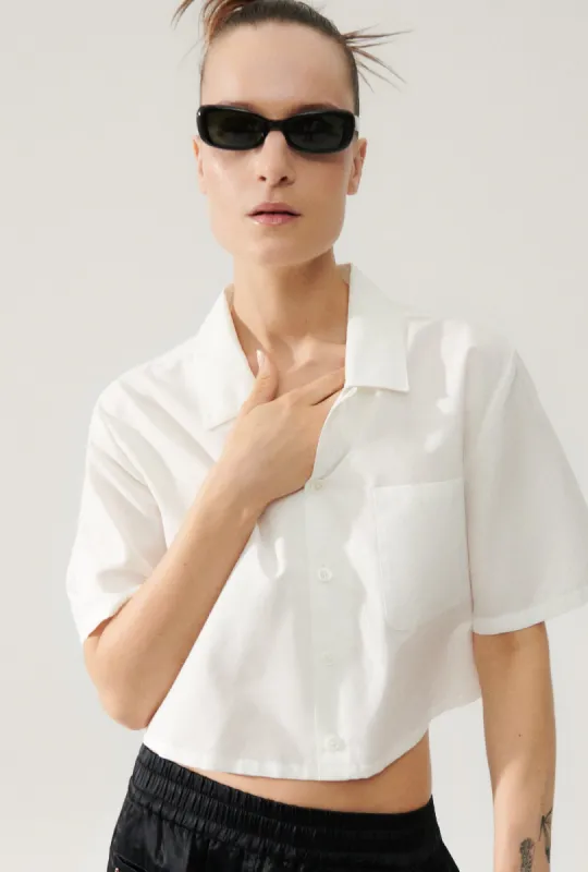 COTTON SILK CROPPED CAMP SHIRT WHITE sold by Silk Laundry