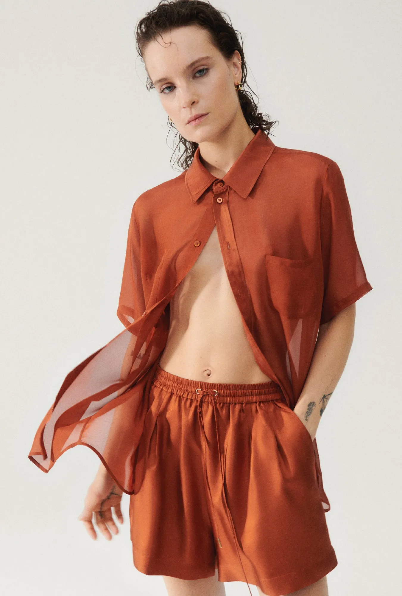 CHIFFON SHORT SLEEVE BOYFRIEND SHIRT UMBER sold by Silk Laundry