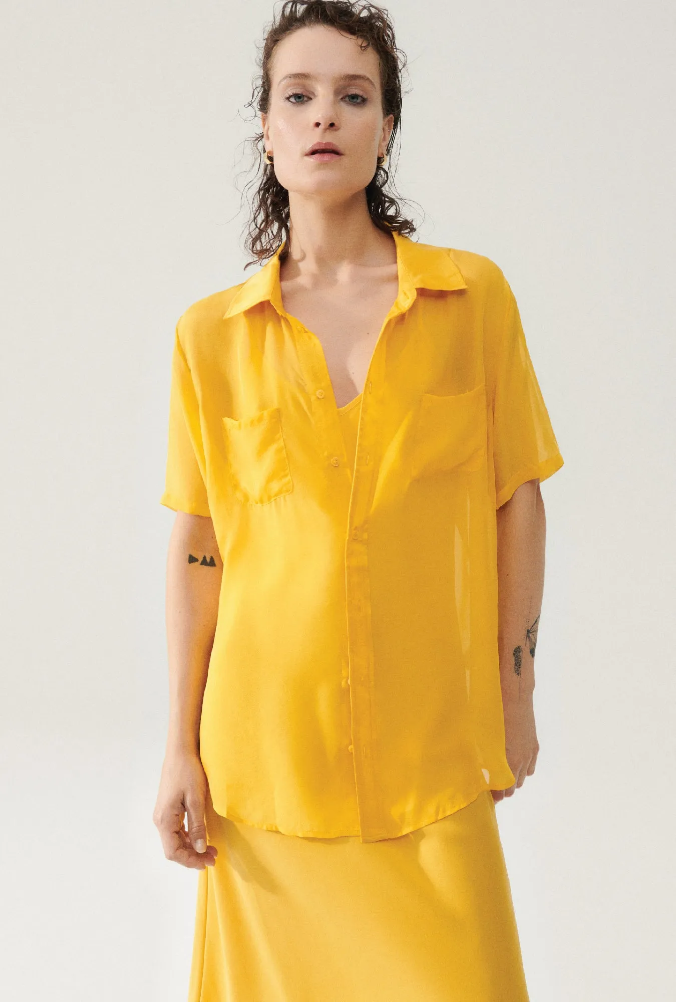 CHIFFON SHORT SLEEVE BOYFRIEND SHIRT GOLDFINCH sold by Silk Laundry