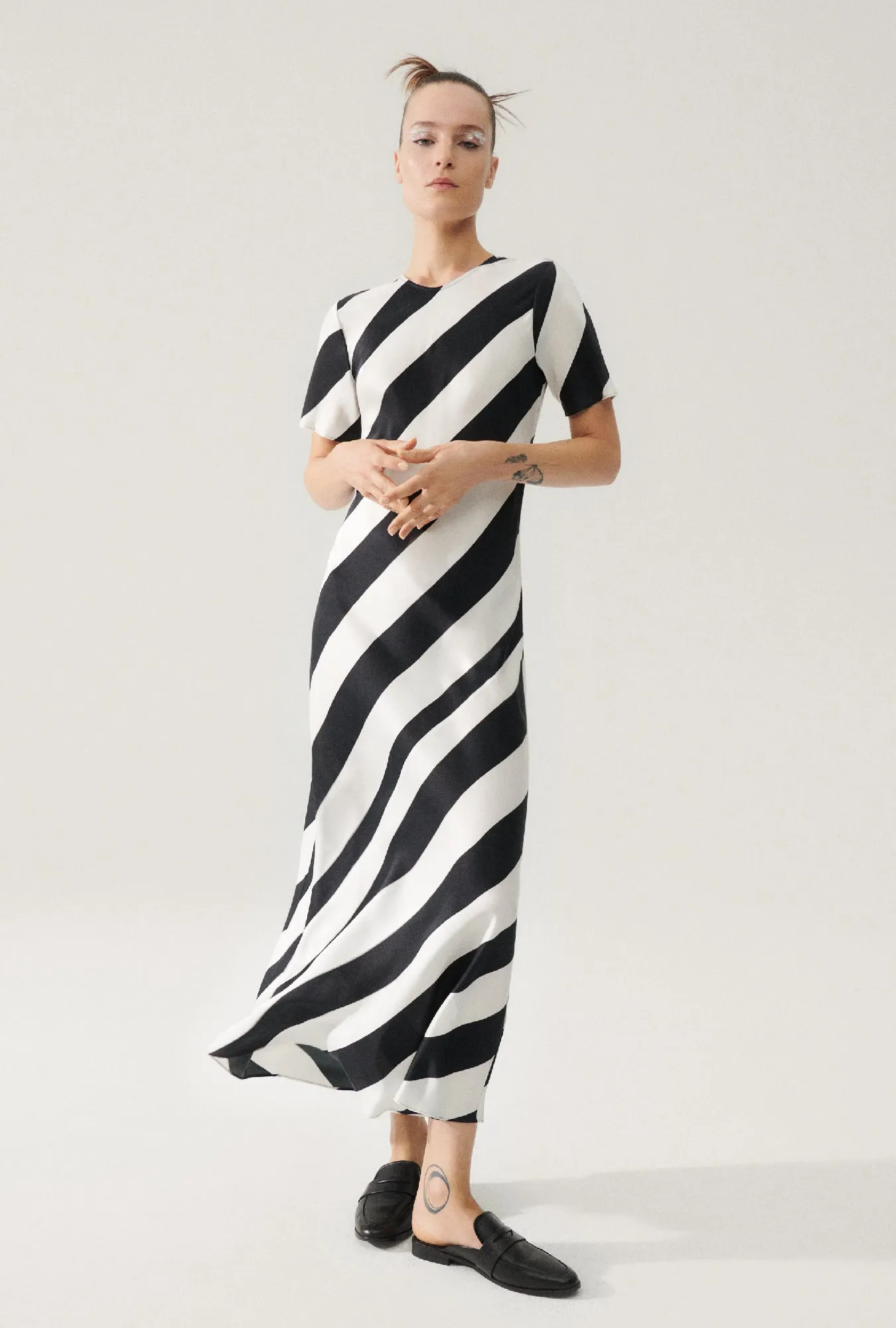 SHORT SLEEVE BIAS DRESS BLACK STRIPE sold by Silk Laundry