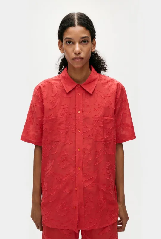CLIP SILK SHORT SLEEVE BOYFRIEND SHIRT GERANIUM sold by Silk Laundry