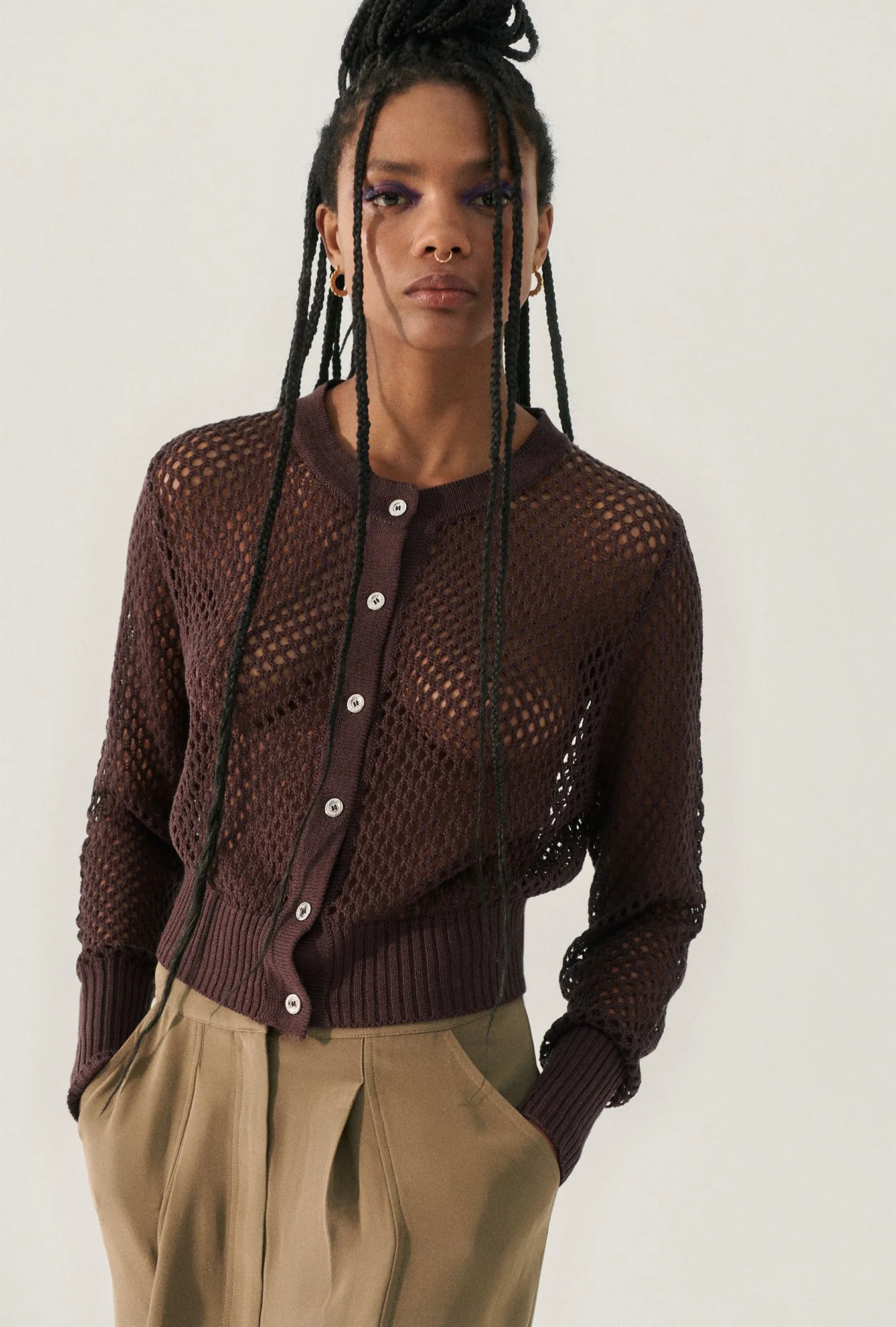 Crochet Cropped Cardigan Cacao sold by Silk Laundry product image thumbnail 4