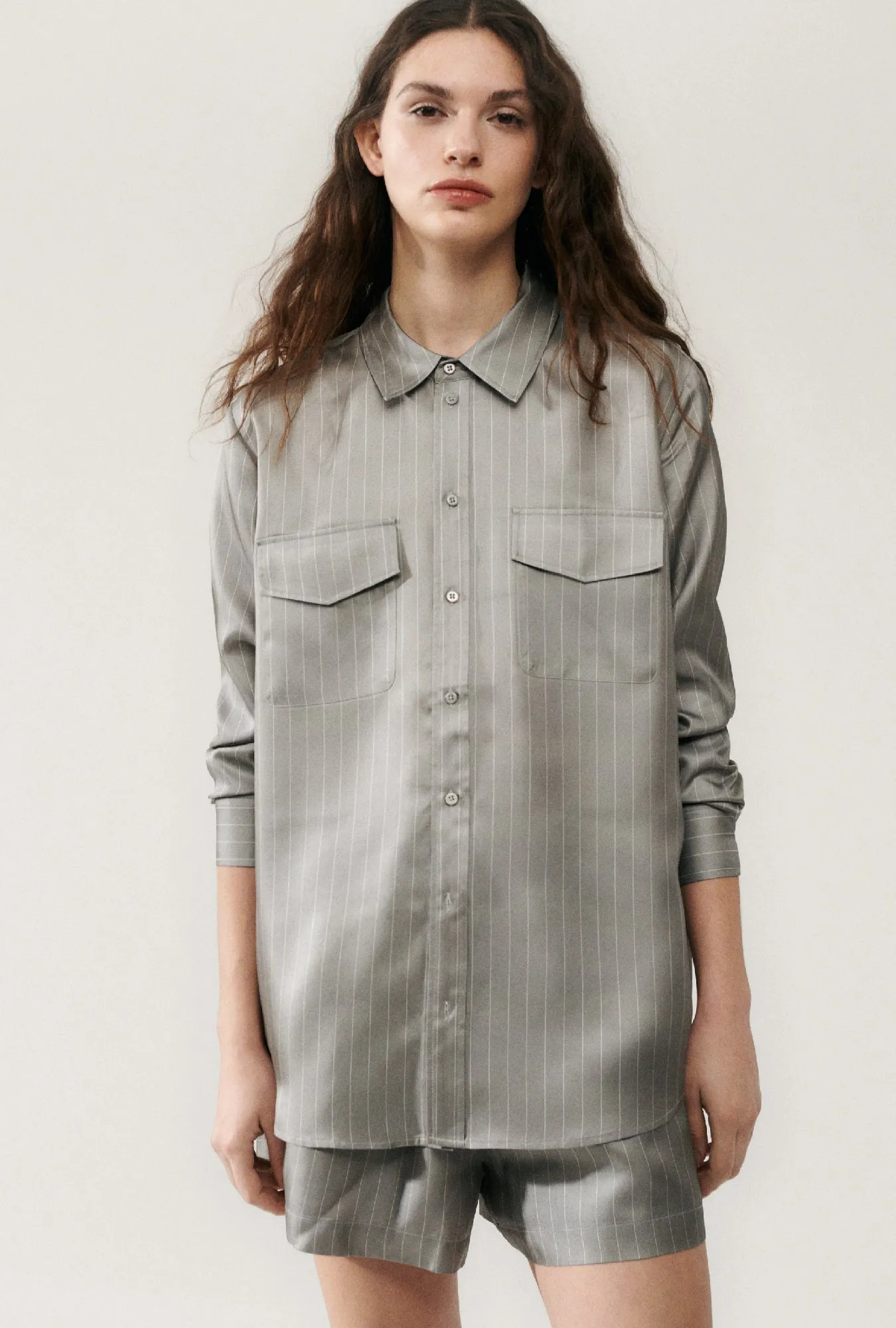 TWILL BOYFRIEND SHIRT MOON PINSTRIPE sold by Silk Laundry