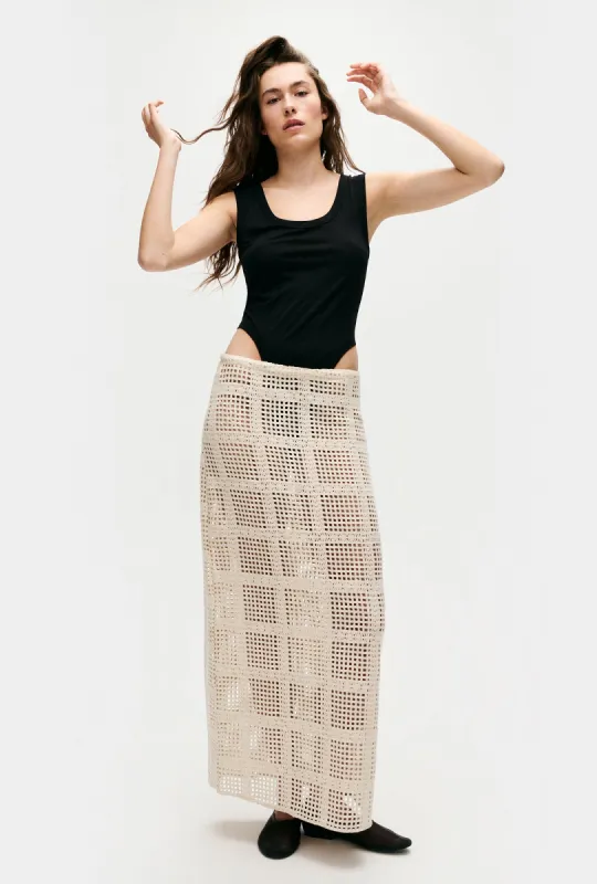 Cotton Grid Long Skirt Natural sold by Silk Laundry