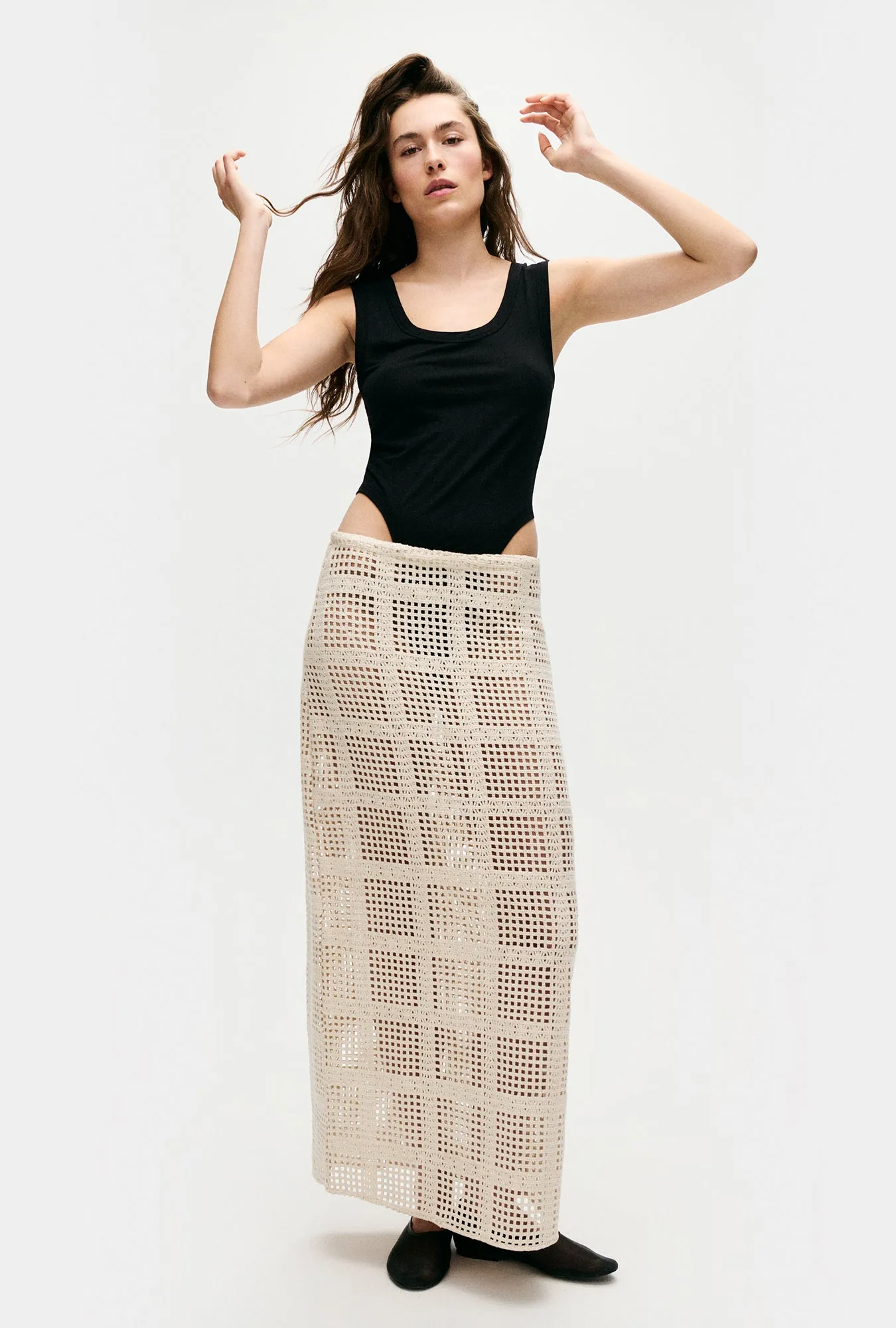 Cotton Grid Long Skirt Natural sold by Silk Laundry