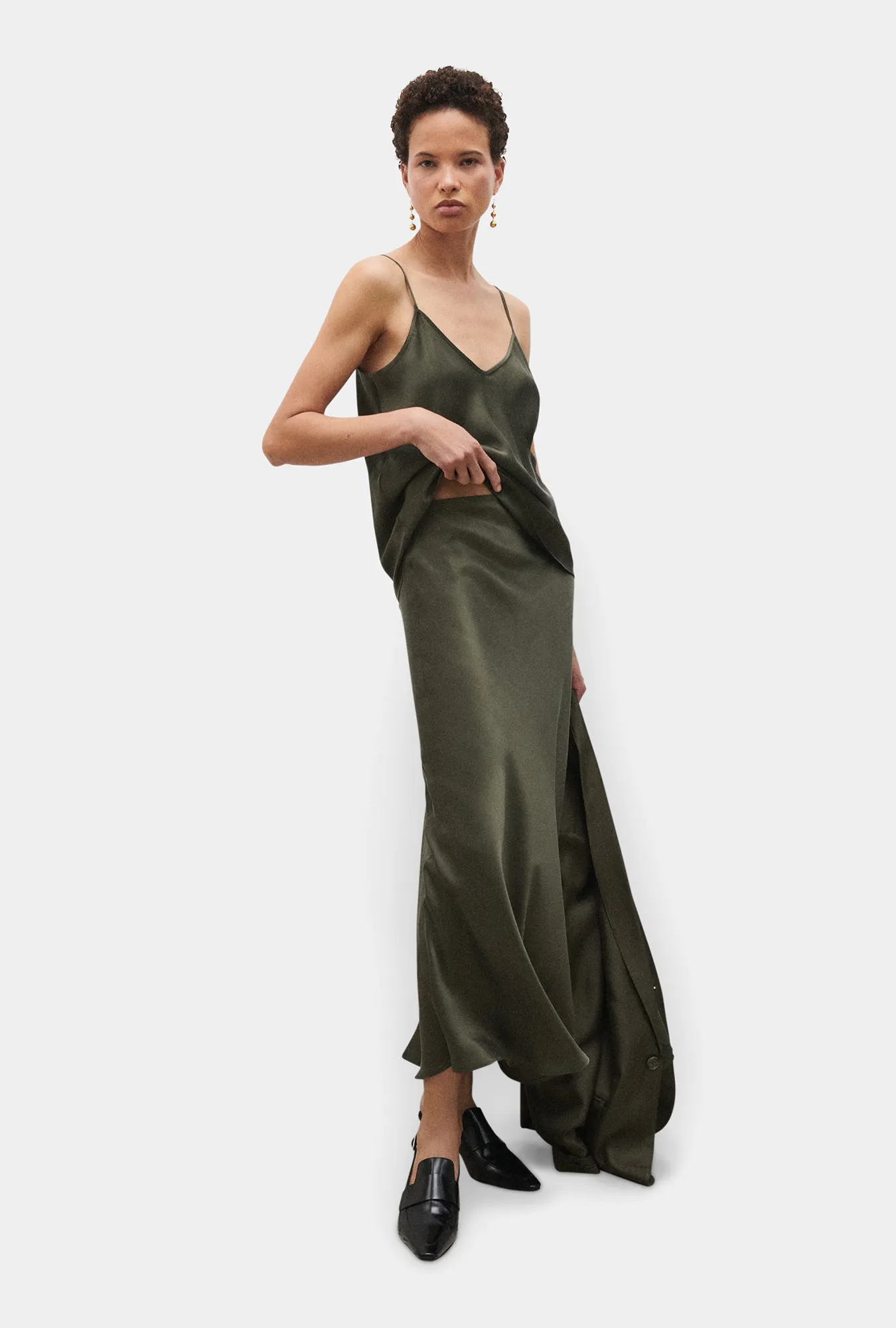 Long Bias Cut Skirt Pine sold by Silk Laundry