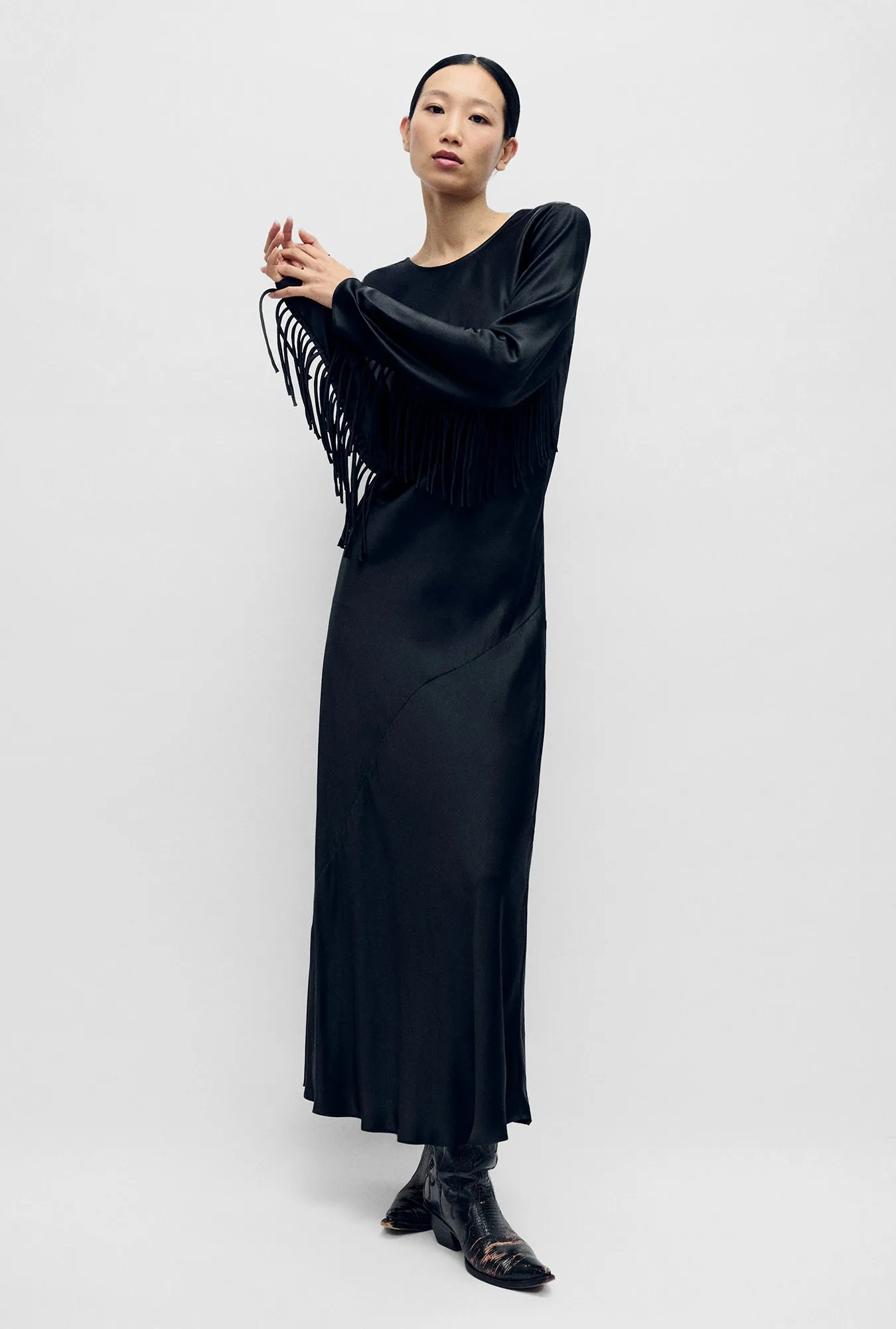 Fringe Full Sleeve Bias Dress Black sold by Silk Laundry product image thumbnail 4