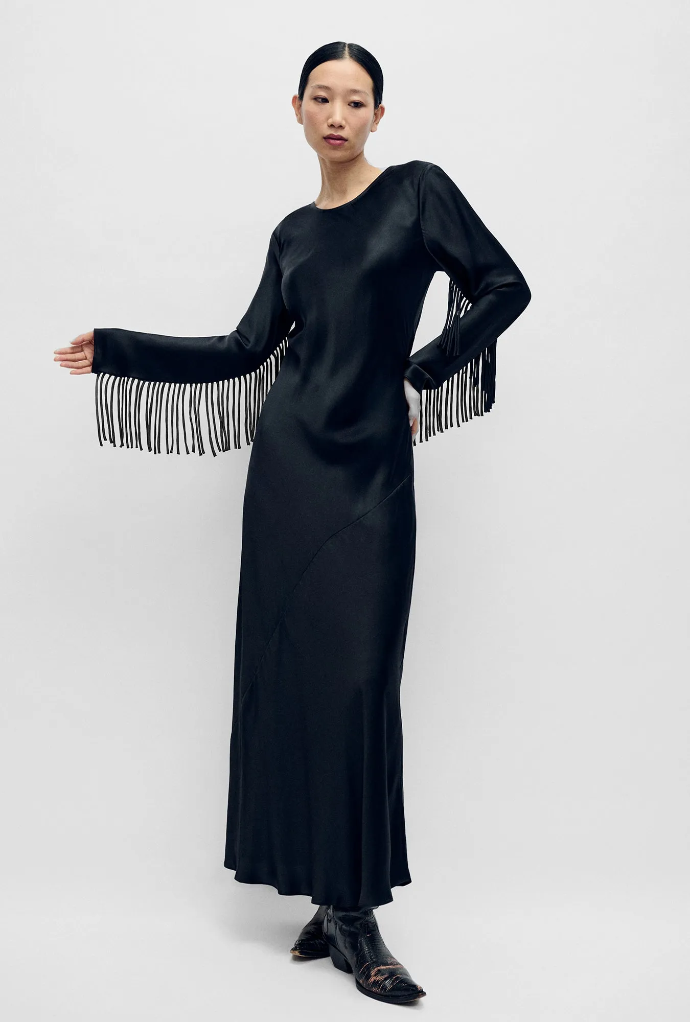 Fringe Full Sleeve Bias Dress Black sold by Silk Laundry