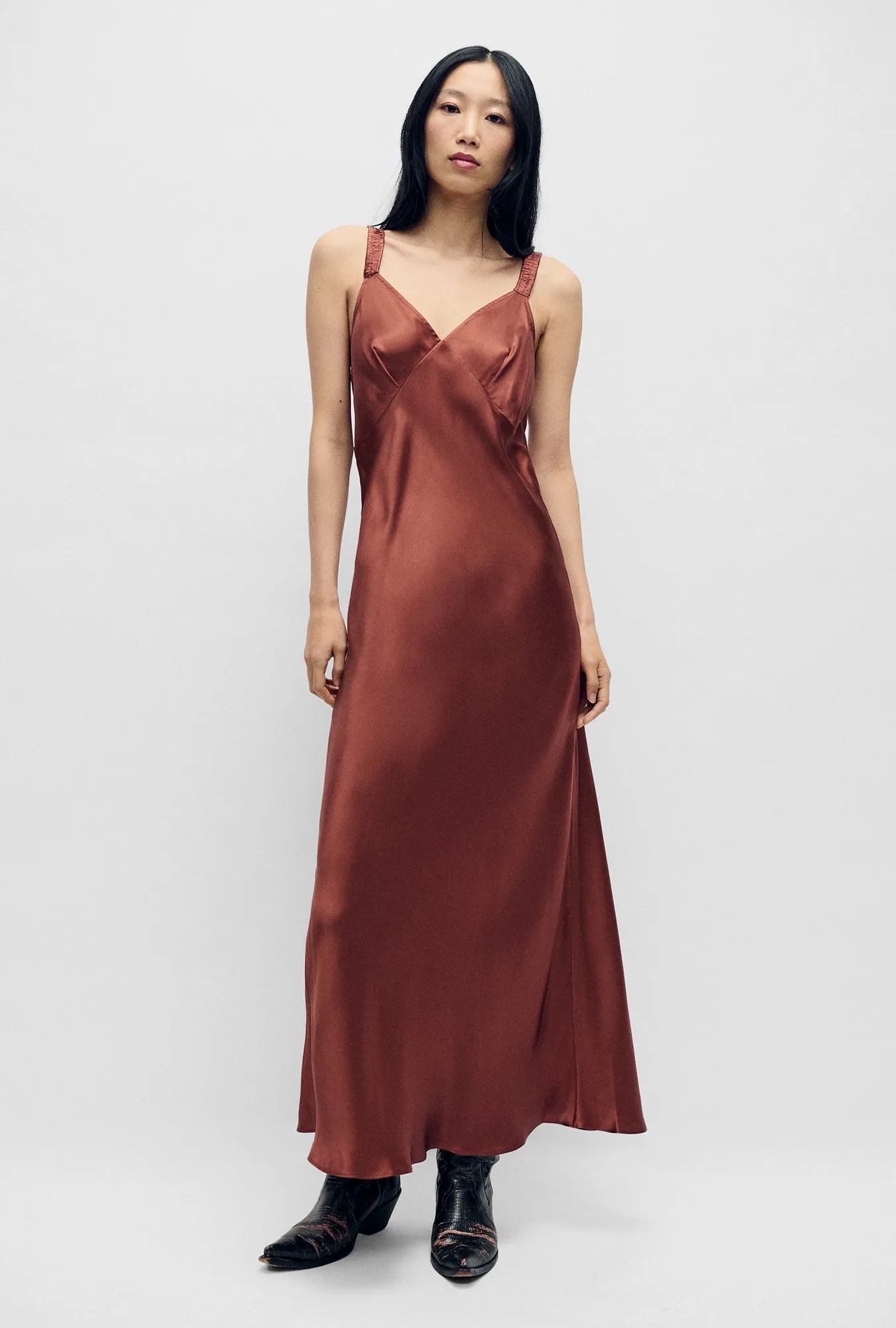 Deco Ruched Dress Canyon sold by Silk Laundry