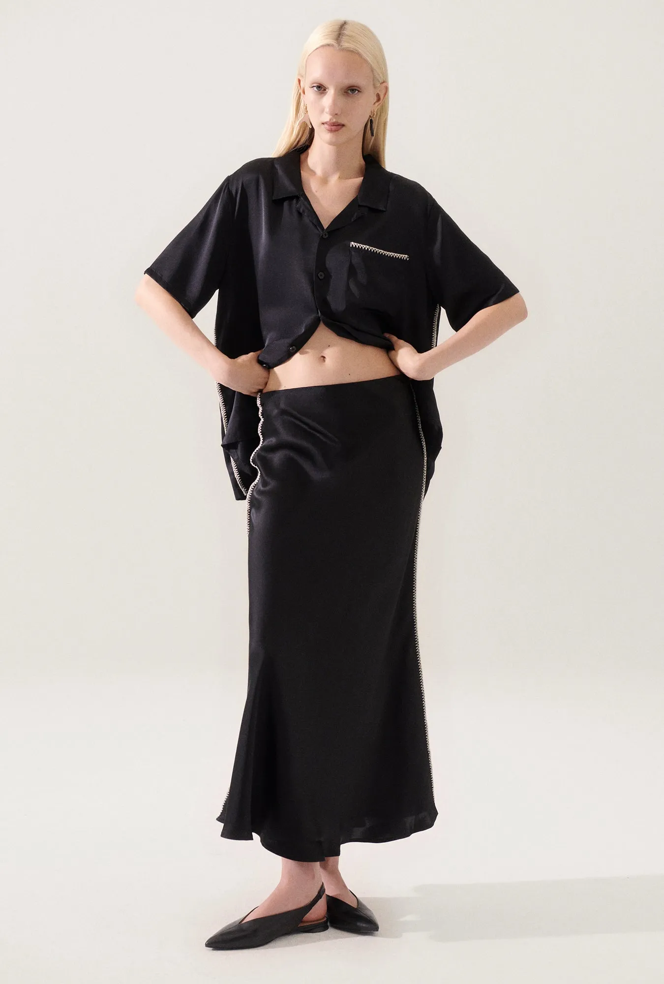 Long Bias Cut Skirt Blanket Stitch Black sold by Silk Laundry product image thumbnail 2
