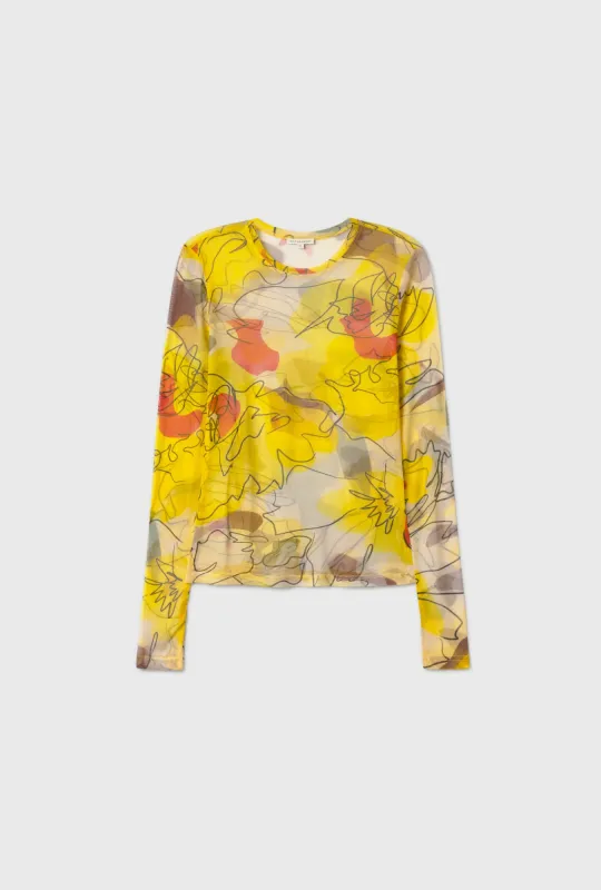 MESH LONG SLEEVE TOP SUNFLOWER FLORAL sold by Silk Laundry