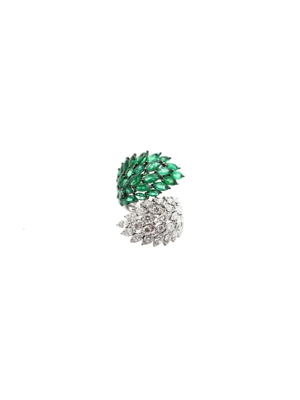 6.70ct Diamond Emerald 18K Gold Cluster Leaf Bypass Ring sold by Wish Fine Jewelry