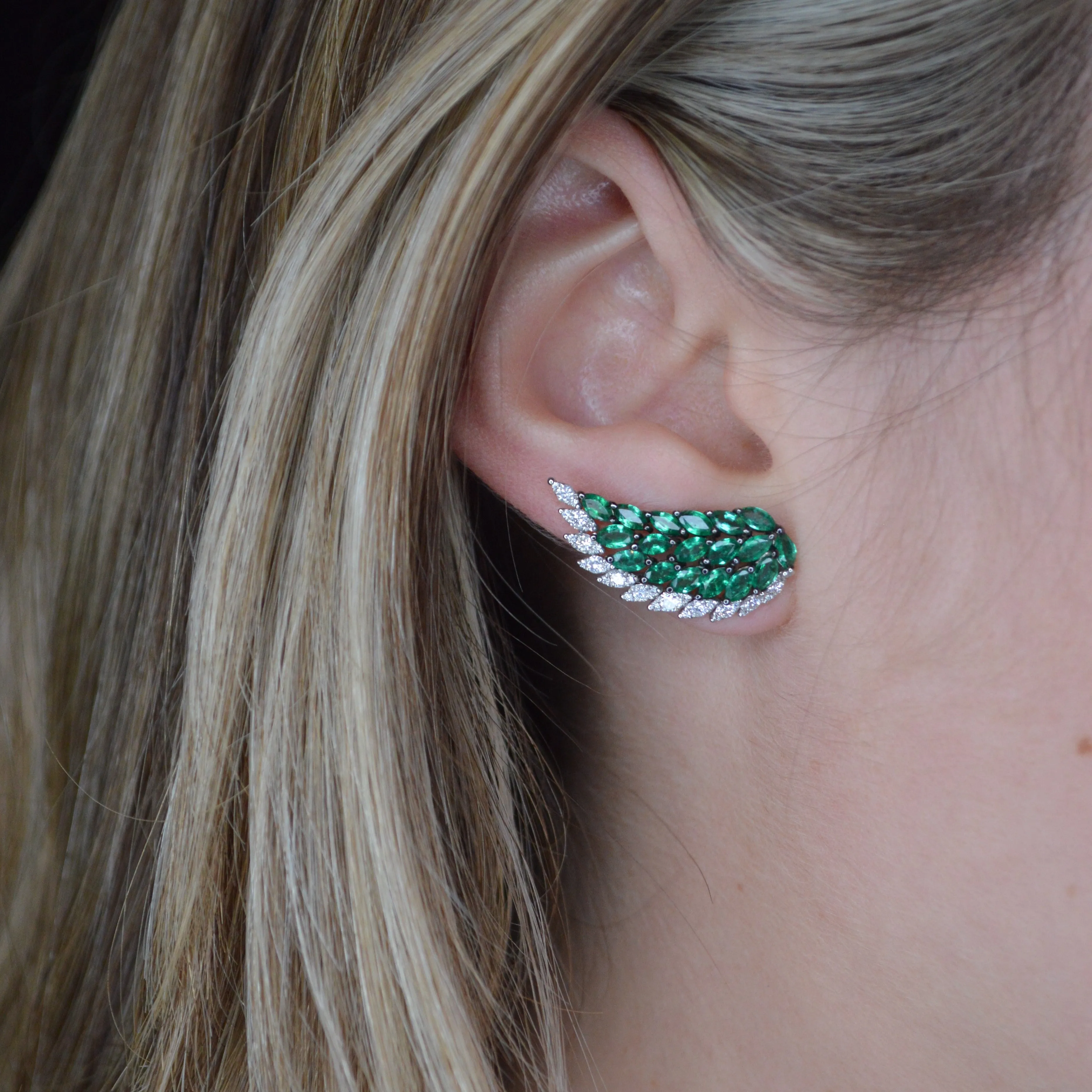 2.60ct Diamond Emerald 18K Gold Wing Climber Earrings sold by Wish Fine Jewelry product image thumbnail 3