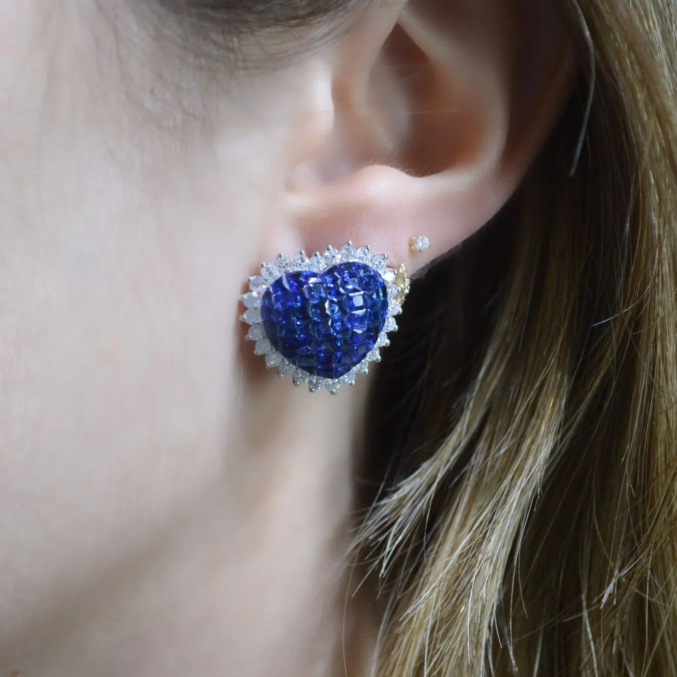 8.10ct Sapphire Diamond 18K Gold Heart Shaped Earrings sold by Wish Fine Jewelry product image thumbnail 2