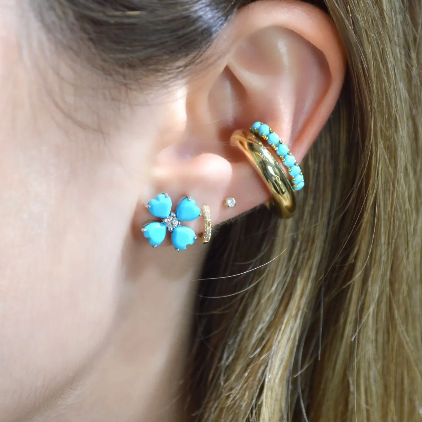 3.17ct Turquoise 18K Gold Heart Cut Clover Stud Earrings sold by Wish Fine Jewelry product image thumbnail 3