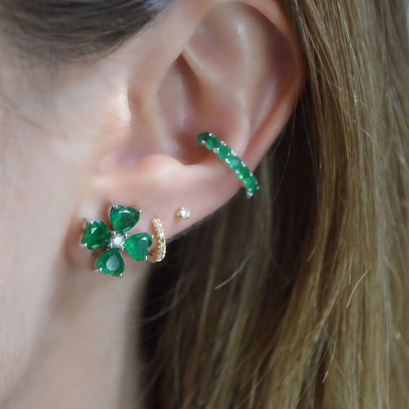 3.25ct Emerald 18K Gold Heart Cut Clover Stud Earrings sold by Wish Fine Jewelry product image thumbnail 2