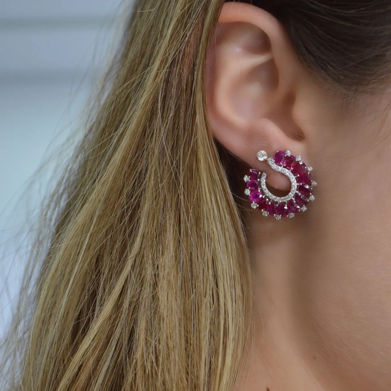 7.11ct Diamond Ruby 18K Gold Cluster Earrings sold by Wish Fine Jewelry product image thumbnail 2