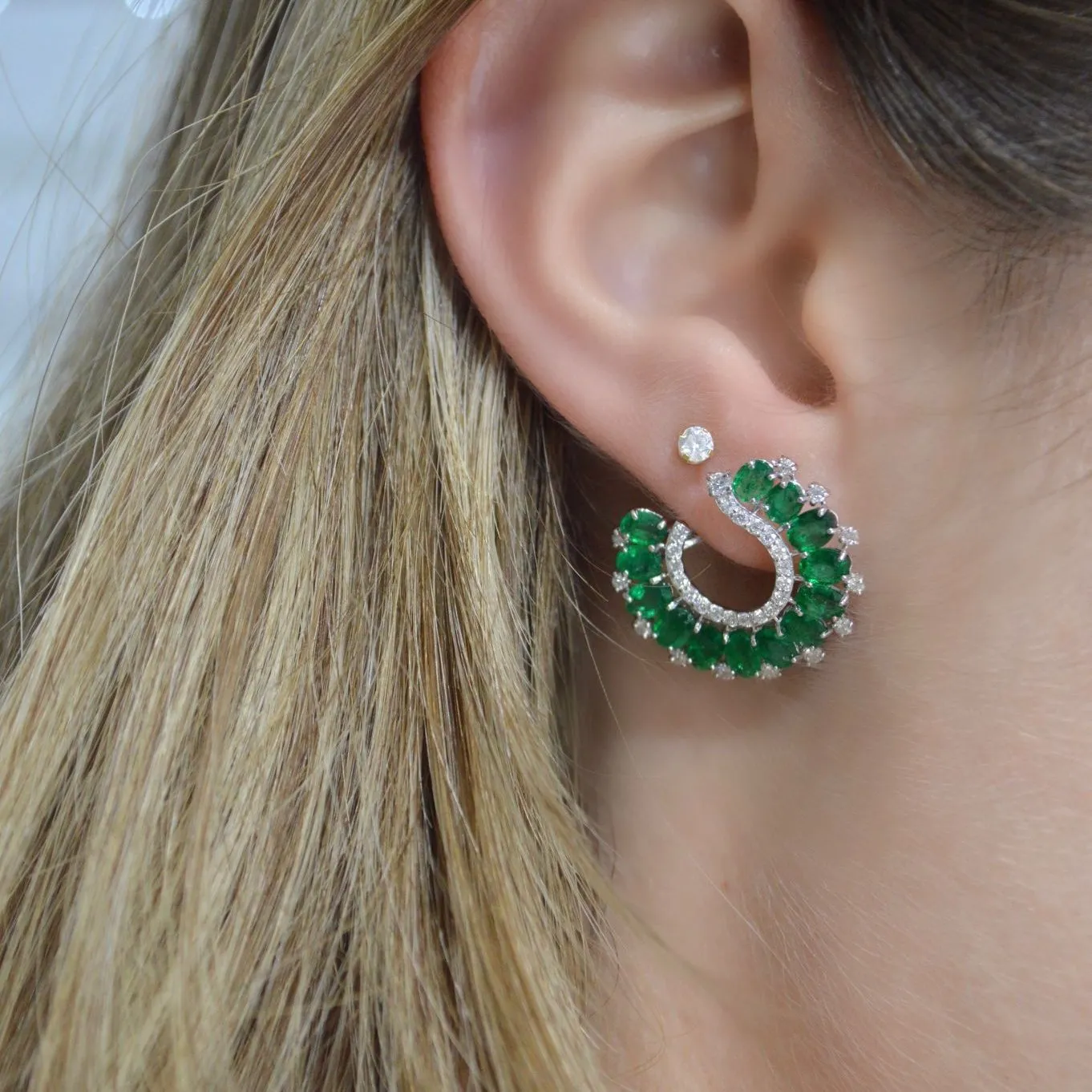 5.83ct Diamond Emerald 18K Gold Cluster Earrings sold by Wish Fine Jewelry product image thumbnail 2