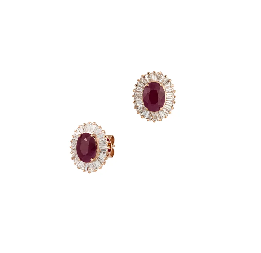 4.30ct Diamond Ruby 18K Gold Baguette Halo Earrings sold by Wish Fine Jewelry