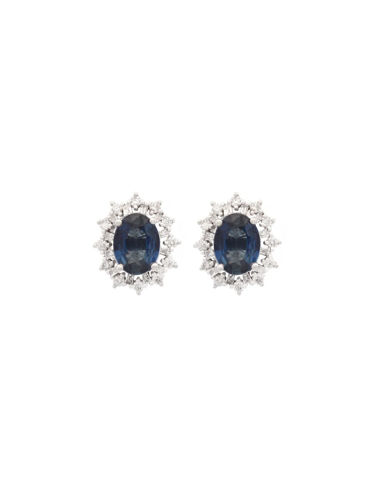 2.60ct Diamond Blue Sapphire 18K Gold Sunburst Halo Stud Earrings sold by Wish Fine Jewelry