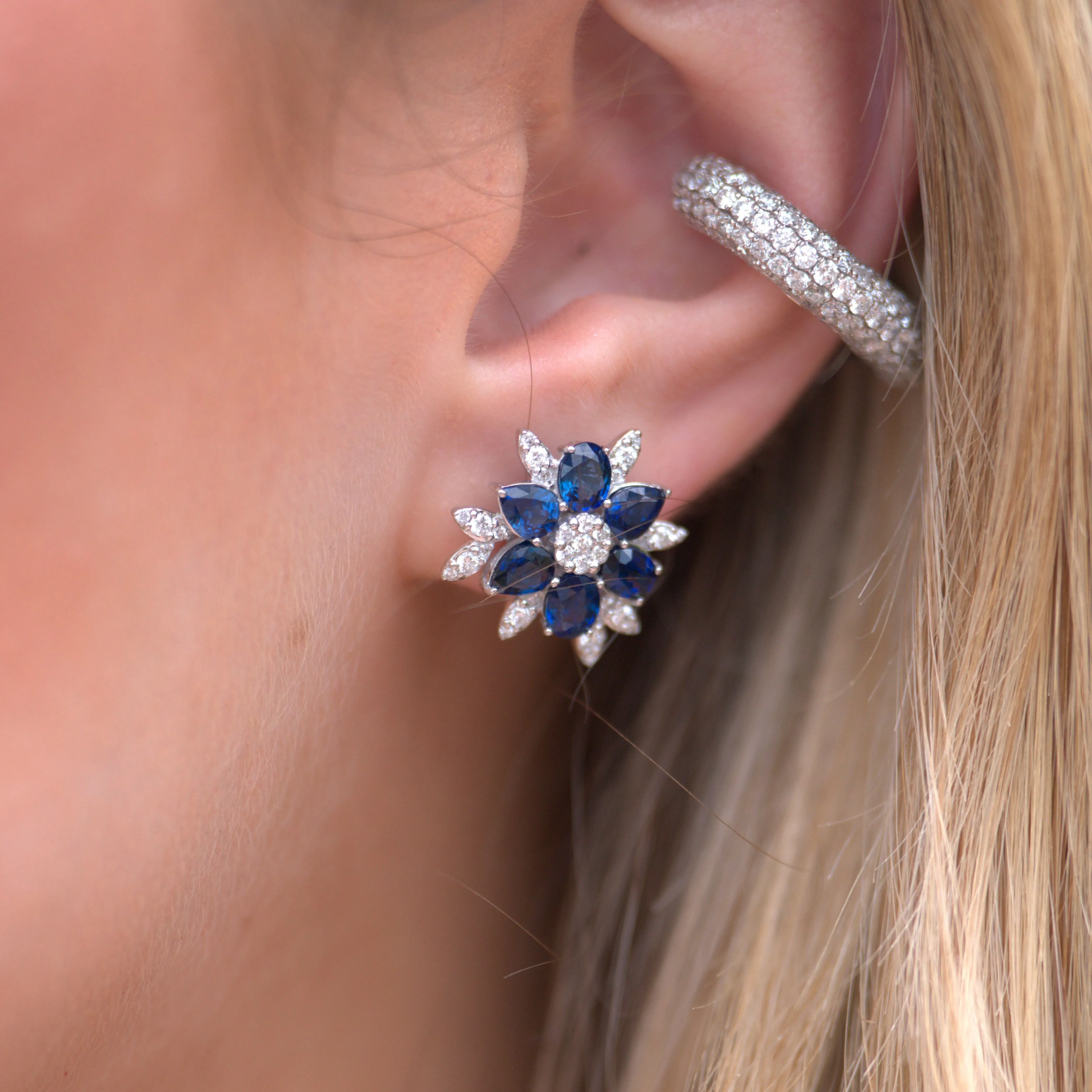3.89ct Diamond Blue Sapphire 18K Gold Flower Stud Earrings sold by Wish Fine Jewelry product image thumbnail 2