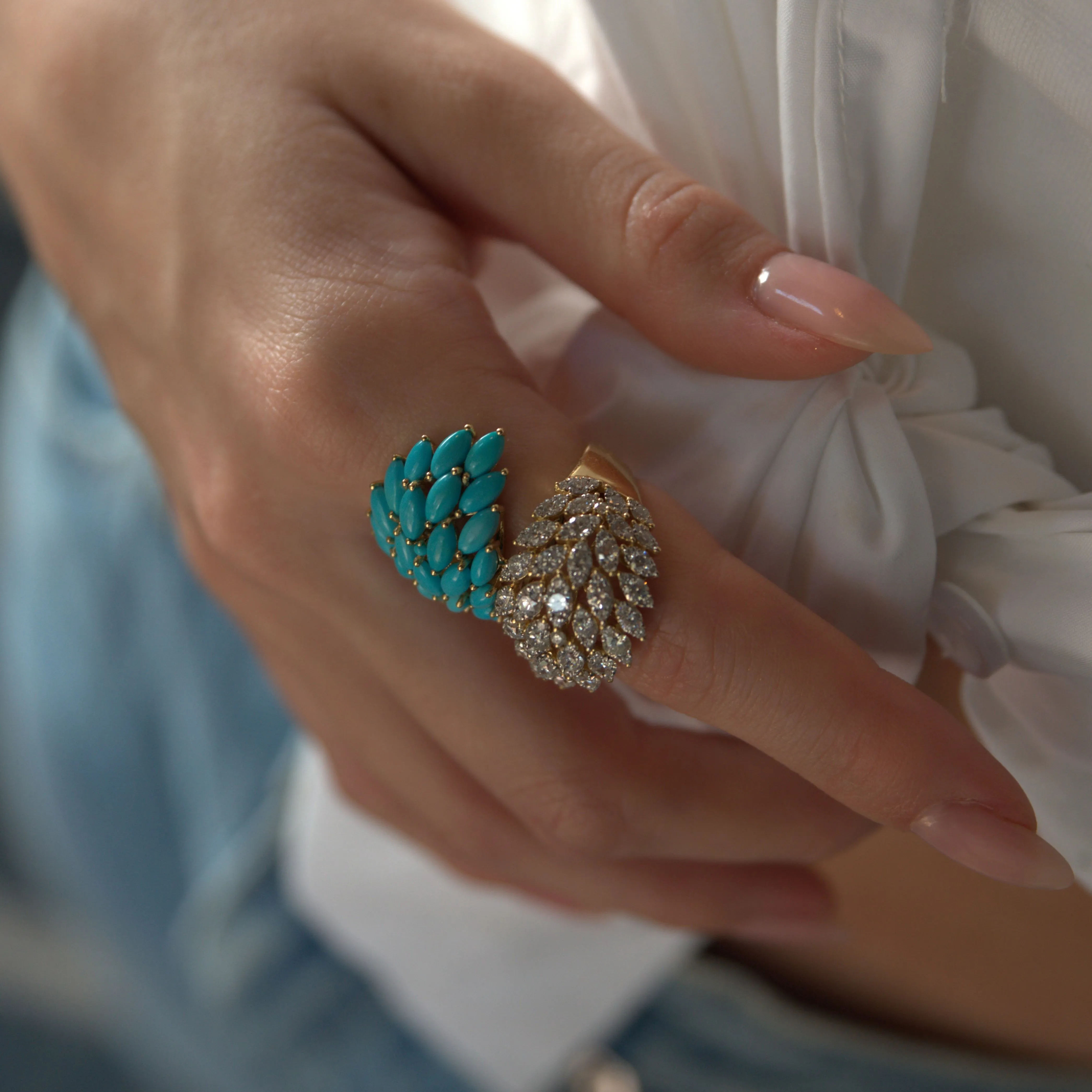 7.00ct Diamond Turquoise 18K Gold Cluster Leaf Bypass Ring sold by Wish Fine Jewelry product image thumbnail 3