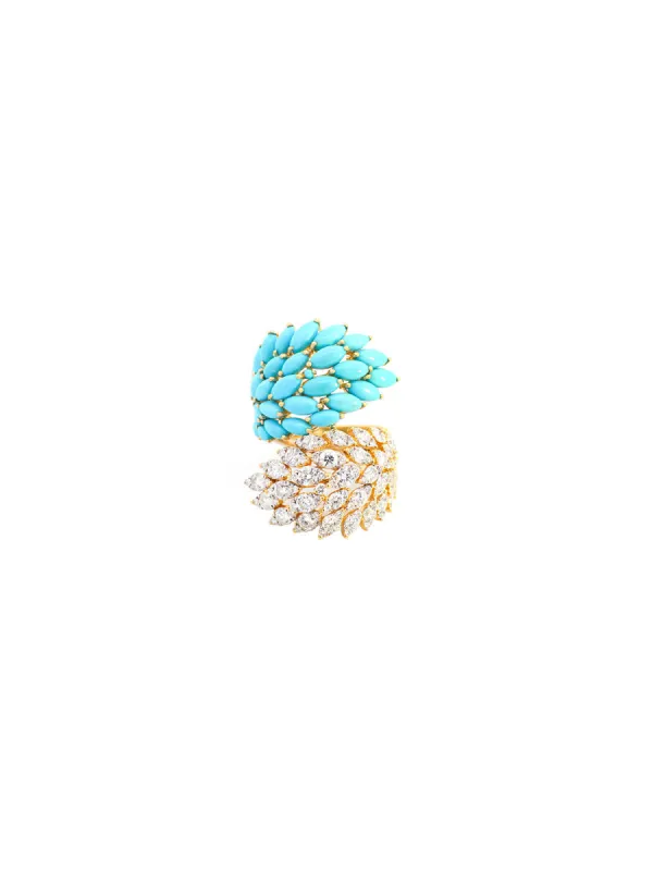 7.00ct Diamond Turquoise 18K Gold Cluster Leaf Bypass Ring sold by Wish Fine Jewelry