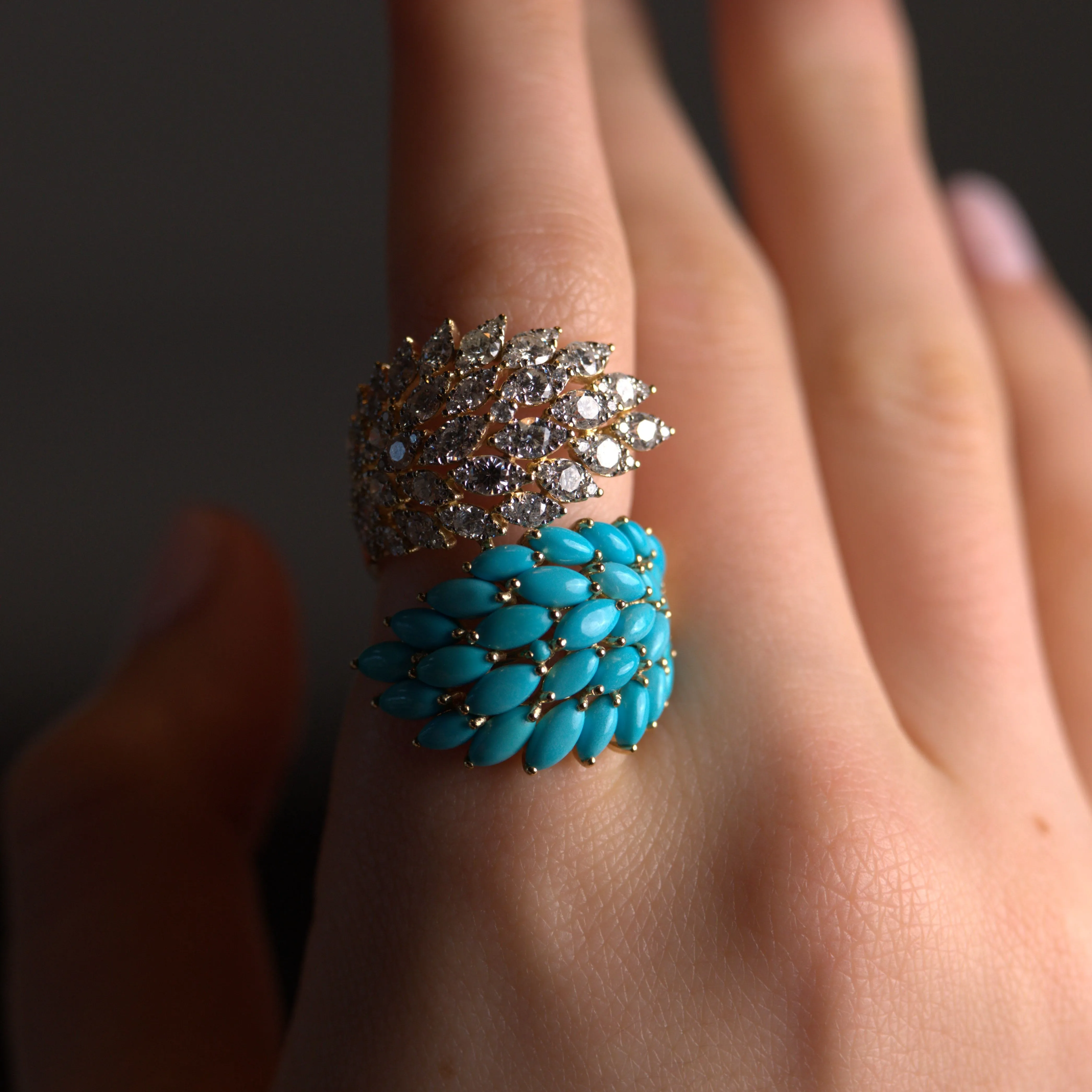 7.00ct Diamond Turquoise 18K Gold Cluster Leaf Bypass Ring sold by Wish Fine Jewelry product image thumbnail 2