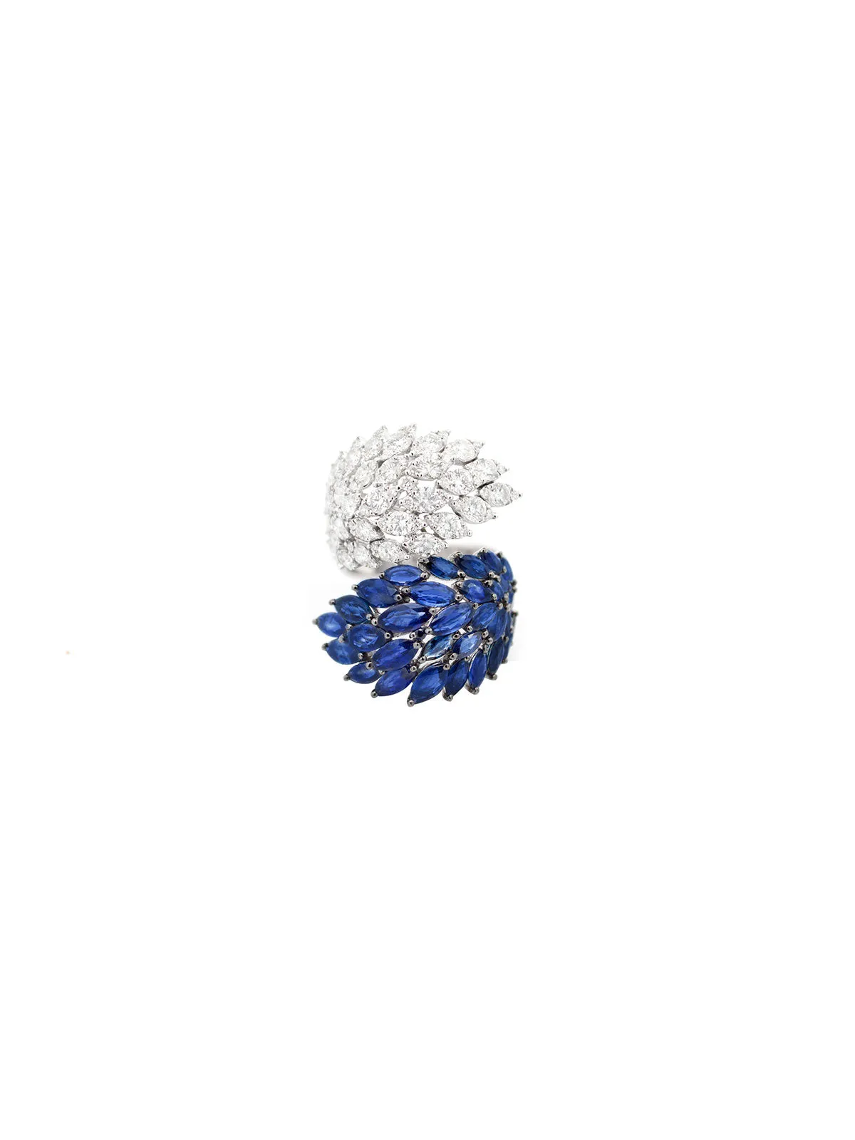 6.1ct Diamond Blue Sapphire 18K Gold Cluster Leaf Bypass Ring sold by Wish Fine Jewelry