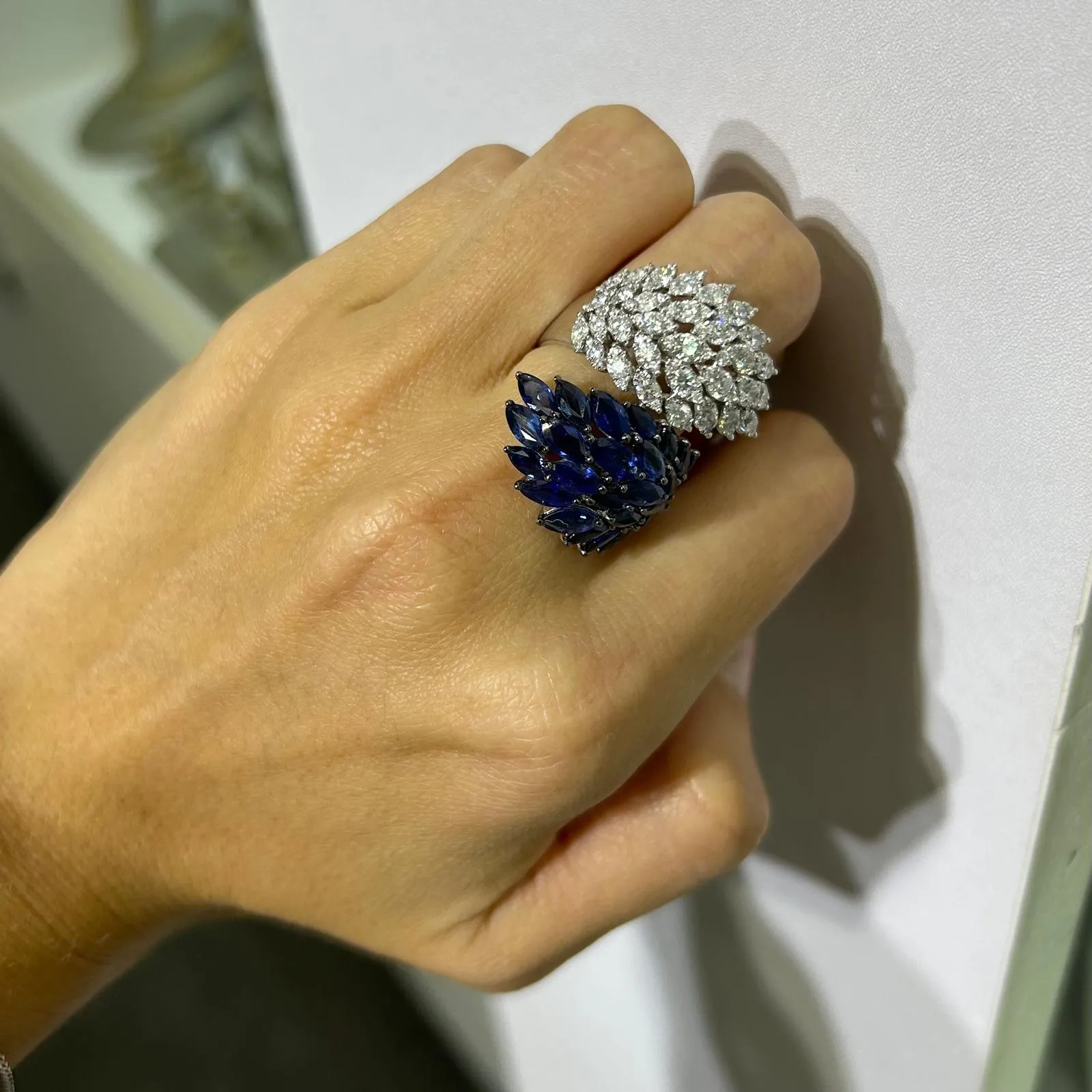 6.1ct Diamond Blue Sapphire 18K Gold Cluster Leaf Bypass Ring sold by Wish Fine Jewelry product image thumbnail 2