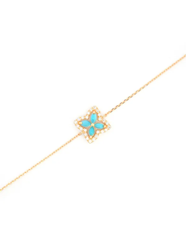 0.29ct Diamond Turquoise 18K Gold Flower Chain Bracelet sold by Wish Fine Jewelry