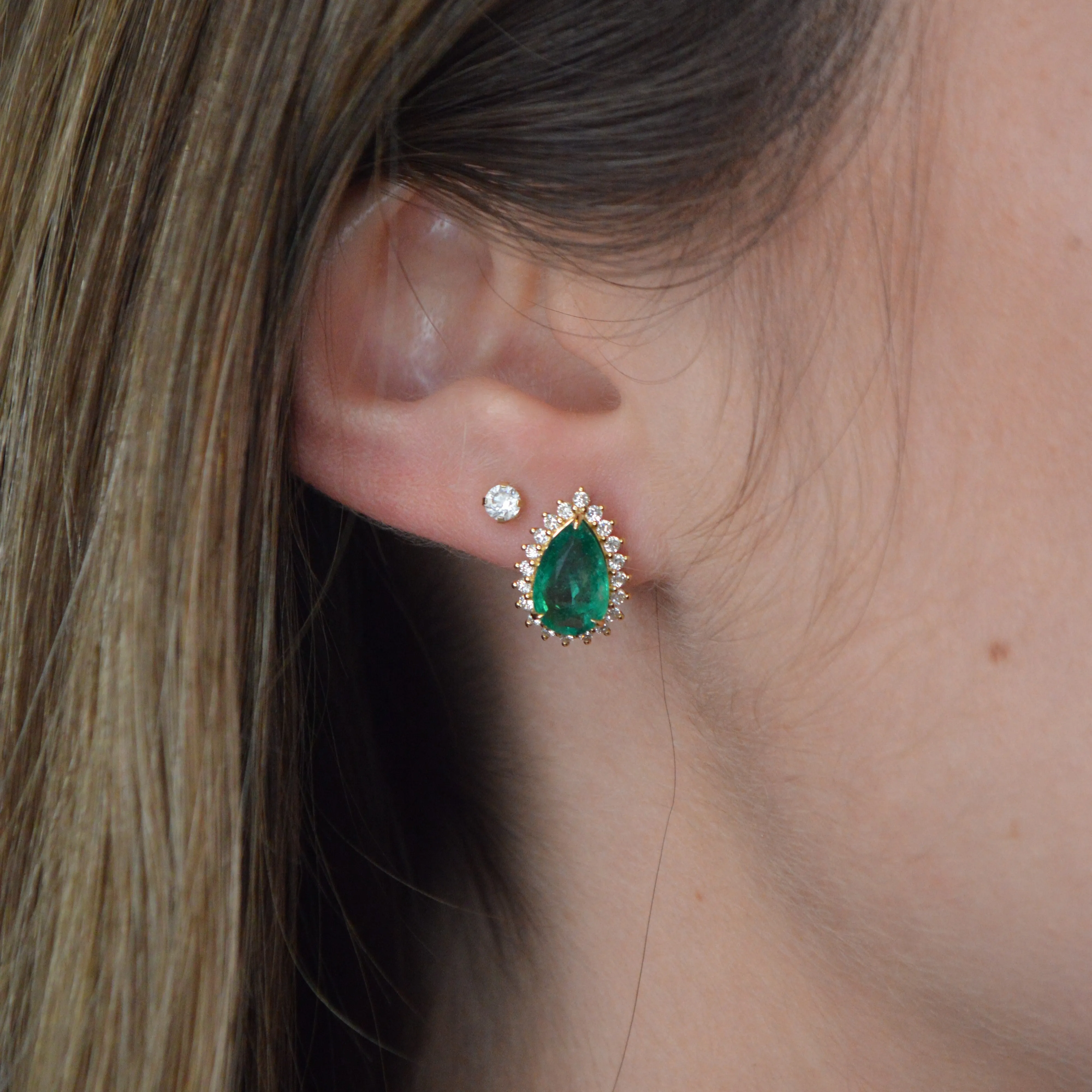 3.26ct Emerald Diamond 18K Gold Pear Halo Earrings sold by Wish Fine Jewelry product image thumbnail 3