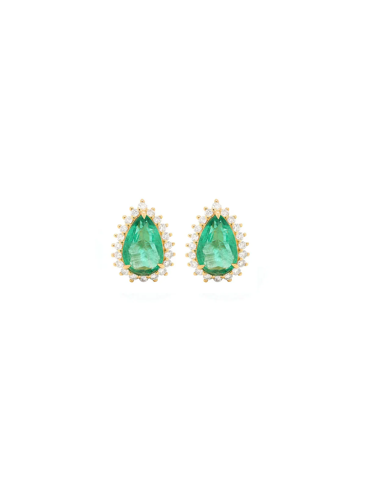 3.26ct Emerald Diamond 18K Gold Pear Halo Earrings sold by Wish Fine Jewelry