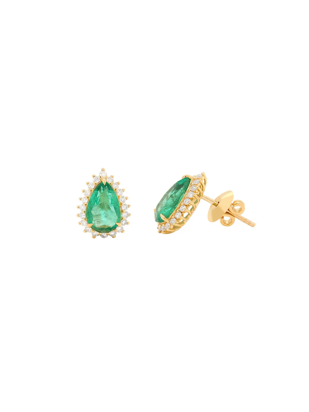 3.26ct Emerald Diamond 18K Gold Pear Halo Earrings sold by Wish Fine Jewelry product image thumbnail 2