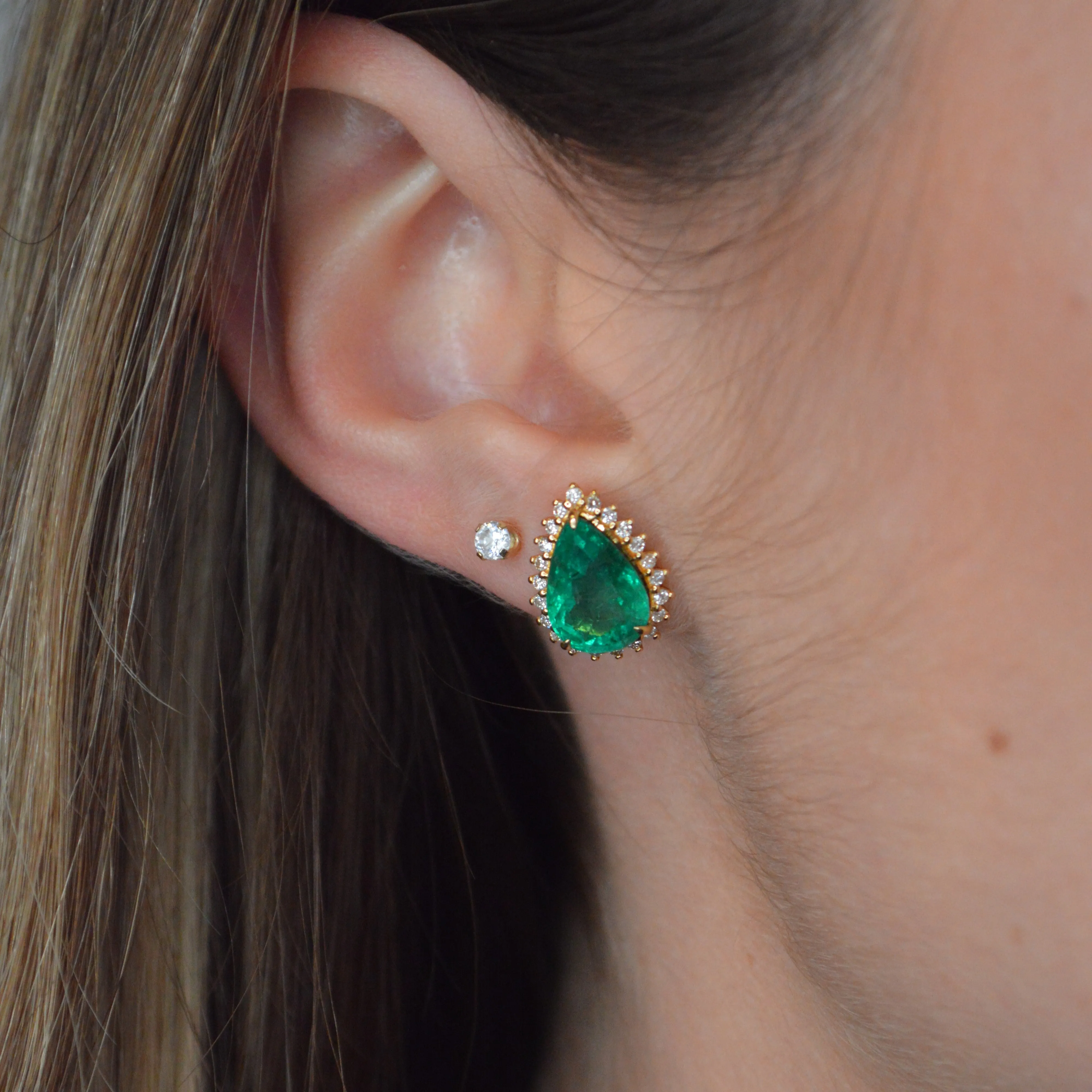 5.91ct Emerald Diamond 18K Gold Pear Halo Earrings sold by Wish Fine Jewelry product image thumbnail 2