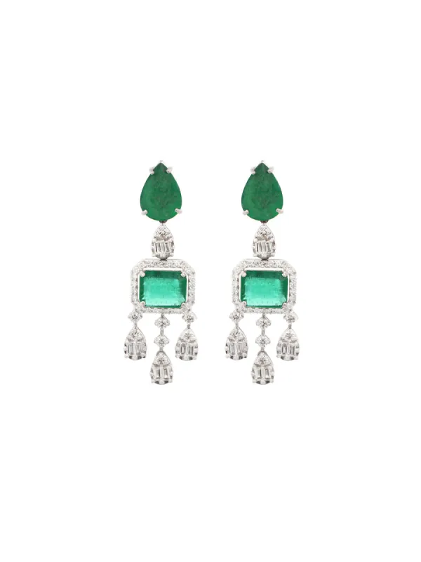 10.60ct Emerald Diamond 18K Gold Statement Drop Earrings sold by Wish Fine Jewelry