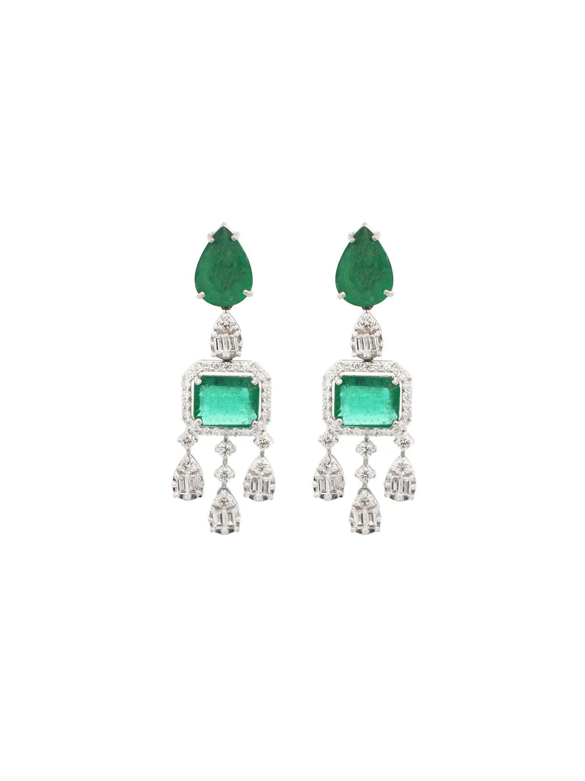 10.60ct Emerald Diamond 18K Gold Statement Drop Earrings sold by Wish Fine Jewelry