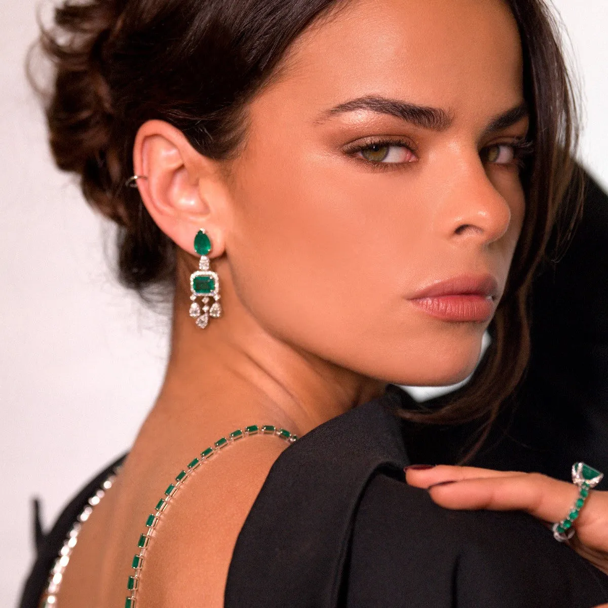 10.60ct Emerald Diamond 18K Gold Statement Drop Earrings sold by Wish Fine Jewelry product image thumbnail 2